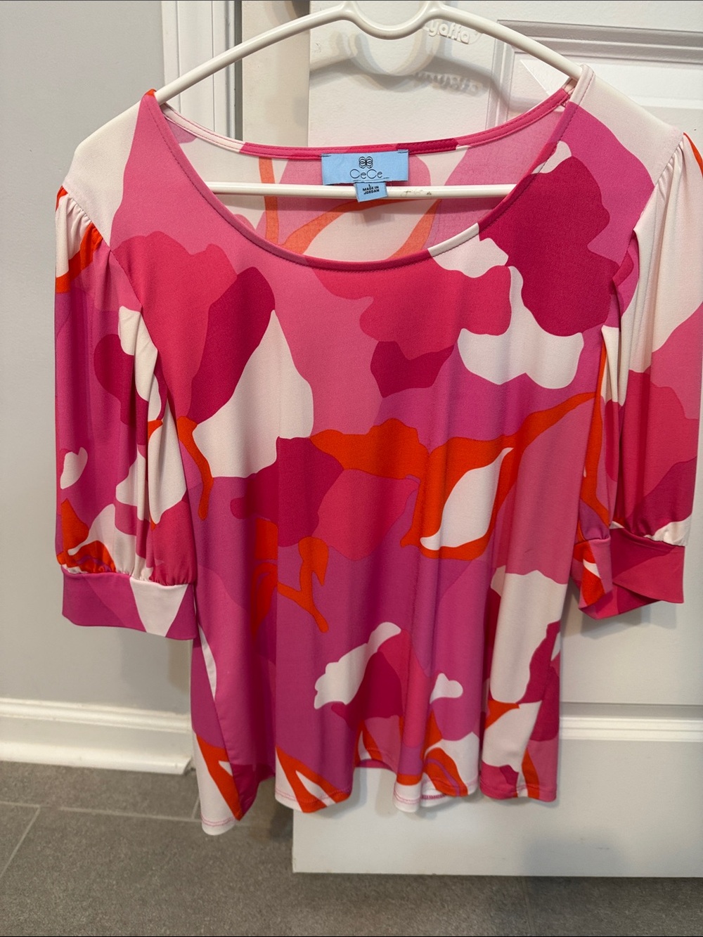 CeCe Pink Floral-Print Scoop Neck Blouse with Orange Accents